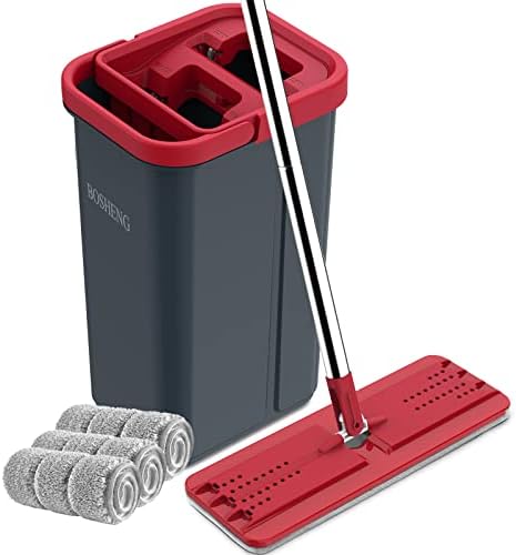 BOSHENG Hands-Free Mop and Bucket Set with 3 Washable Pads