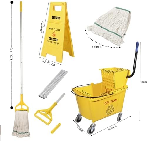 Side Press Wringer Combo Mop Bucket on Wheels Yellow