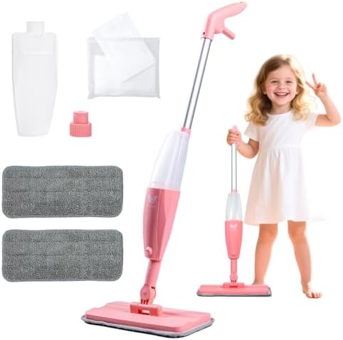 Kids Spray Mop Pink Mini Mop Set with 2 Washable Pads and 10 Disposable Cloths