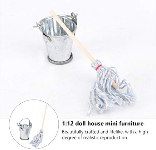 STOBOK Mini Iron Bucket and Blue Wooden Mop Set