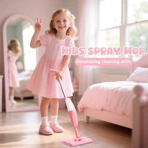Kids Spray Mop Pink Mini Mop Set with 2 Washable Pads and 10 Disposable Cloths