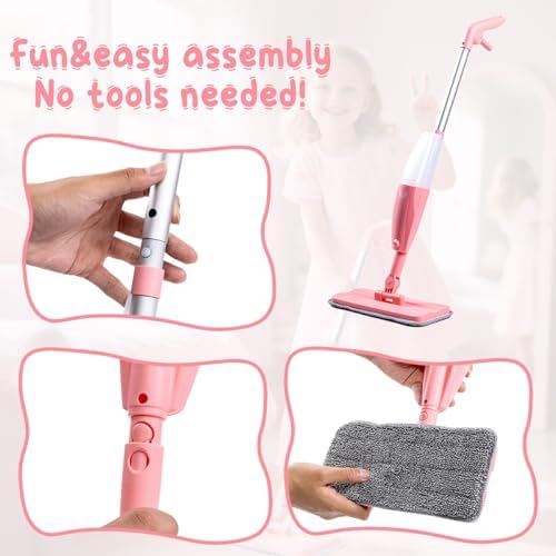 Kids Spray Mop Pink Mini Mop Set with 2 Washable Pads and 10 Disposable Cloths