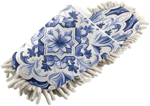 Blue and White Tile Mopping Slippers - Washable and Comfortable