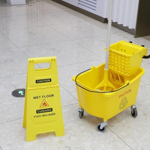 Side Press Wringer Combo Mop Bucket on Wheels Yellow
