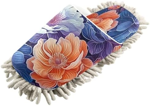 Blue Orange Floral Microfiber Cleaning Slippers - Washable Floor Mop