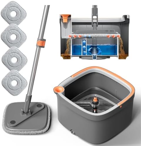 KZKR Spin Mop and Bucket Set with 4 Microfiber Pads