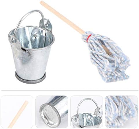 STOBOK Mini Iron Bucket and Blue Wooden Mop Set