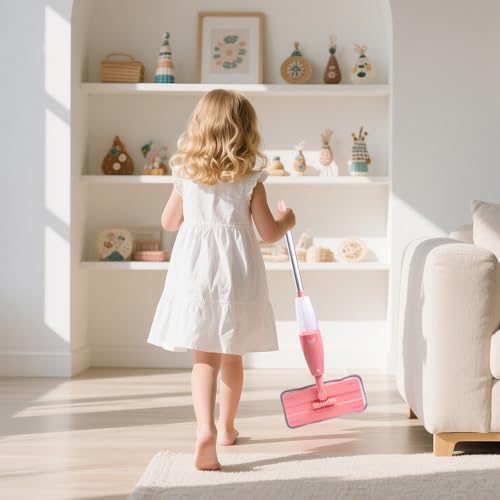 Kids Spray Mop Pink Mini Mop Set with 2 Washable Pads and 10 Disposable Cloths