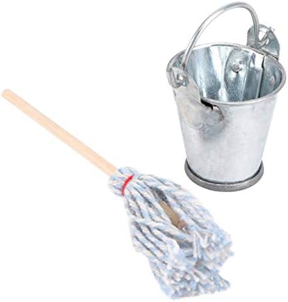 STOBOK Mini Iron Bucket and Blue Wooden Mop Set