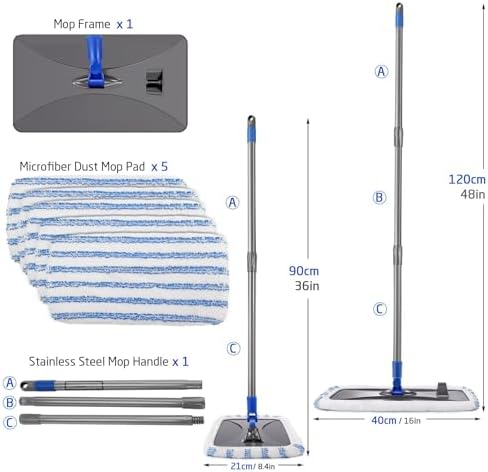 Masthome Extra Large Dust Mop with 5 Pads and Scraper - Blue