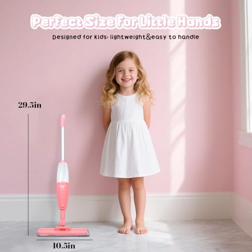 Kids Spray Mop Pink Mini Mop Set with 2 Washable Pads and 10 Disposable Cloths