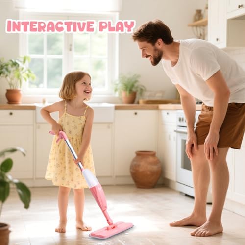 Kids Spray Mop Pink Mini Mop Set with 2 Washable Pads and 10 Disposable Cloths