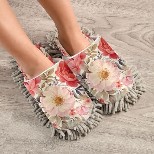 Red and Pink Flowers Mop Slippers - Washable Cleaning Slippers