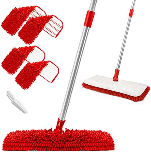 MASTERTOP Microfiber Floor Mop with 4 Pads and Scraper - White Red