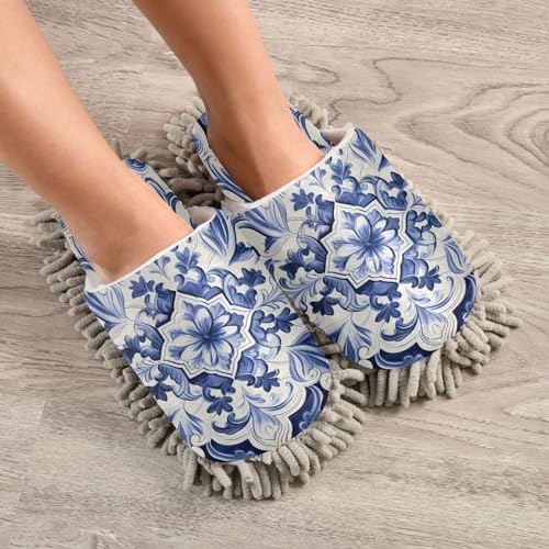 Blue and White Tile Mopping Slippers - Washable and Comfortable