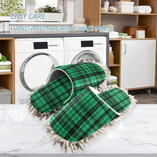 Green and Black Plaid Microfiber Cleaning Slippers