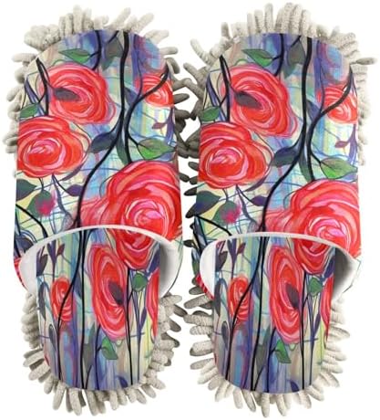 Bulletgxll Red Flowers Microfiber Cleaning Slippers