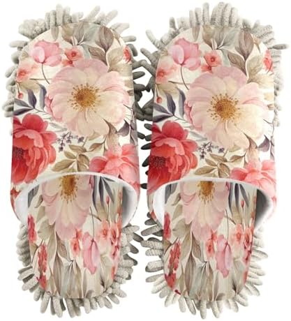 Red and Pink Flowers Mop Slippers - Washable Cleaning Slippers