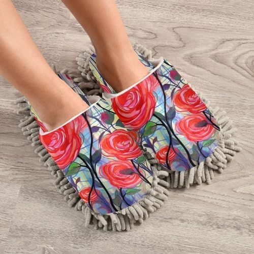 Bulletgxll Red Flowers Microfiber Cleaning Slippers