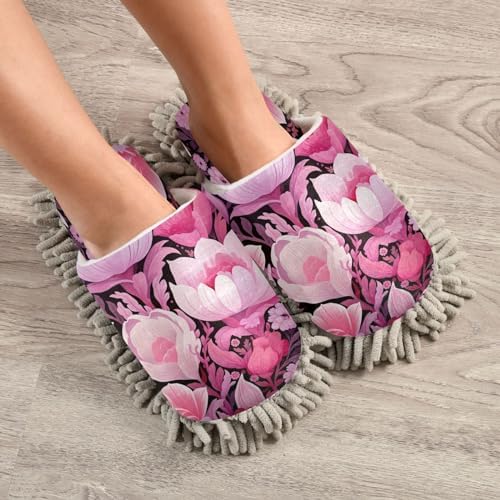 Pink White Floral Mop Slippers Washable Comfortable Floor Cleaning Slippers