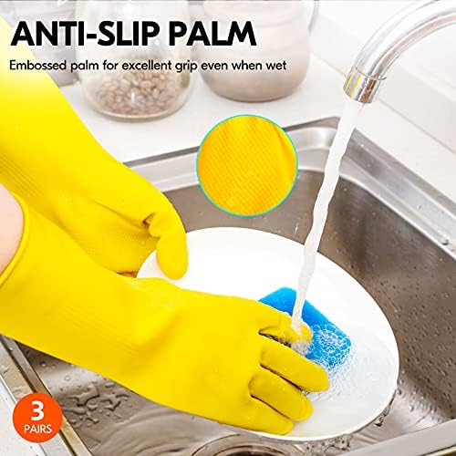 Vgo 3-Pairs Reusable Rubber Gloves - Extra Thick Long Sleeves Yellow HH4601