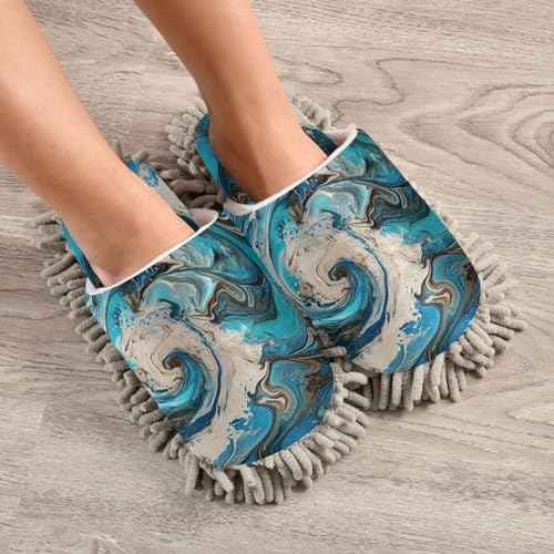 Bulletgxll Blue Swirling Microfiber Cleaning Slippers - Washable Mopping Slippers for Men and Women