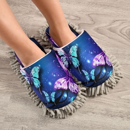 Bulletgxll Purple Butterflies Cleaning Slippers - Washable Floor Mop Slippers for Men Women
