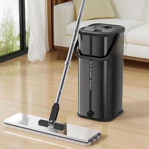 SWIFTIRON Flat Mop and Bucket with Wringer Black