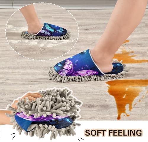 Bulletgxll Purple Butterflies Cleaning Slippers - Washable Floor Mop Slippers for Men Women
