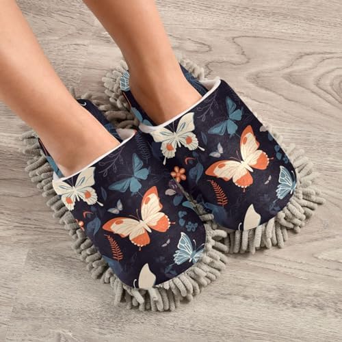 Bulletgxll Blue and Orange Mop Slippers - Washable Floor Mop Slippers for Men Women
