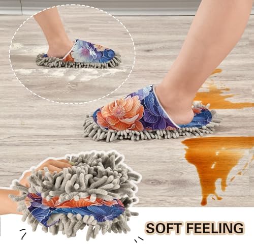 Blue Orange Floral Microfiber Cleaning Slippers - Washable Floor Mop