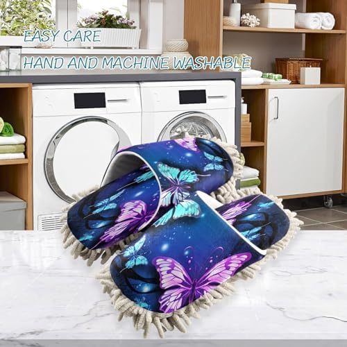 Bulletgxll Purple Butterflies Cleaning Slippers - Washable Floor Mop Slippers for Men Women
