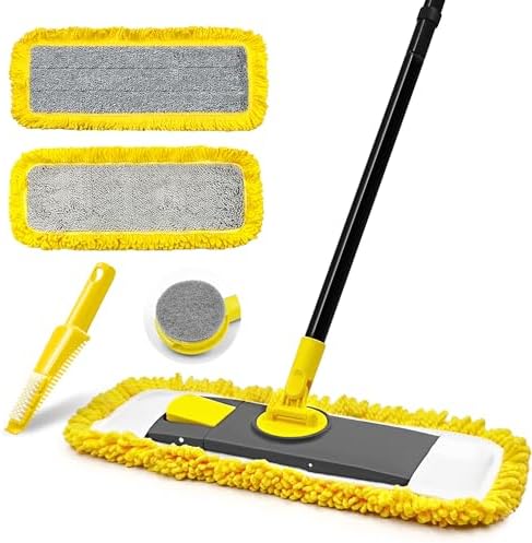 Dolanx Dust Mop with Microfiber Chenille Pads Dry Wet Flat Mop for Hardwood Laminate Vinyl Floors Yellow