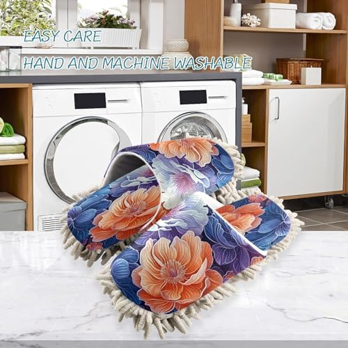 Blue Orange Floral Microfiber Cleaning Slippers - Washable Floor Mop