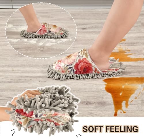 Red and Pink Flowers Mop Slippers - Washable Cleaning Slippers