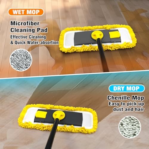 Dolanx Dust Mop with Microfiber Chenille Pads Dry Wet Flat Mop for Hardwood Laminate Vinyl Floors Yellow