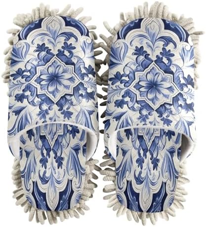Blue and White Tile Mopping Slippers - Washable and Comfortable