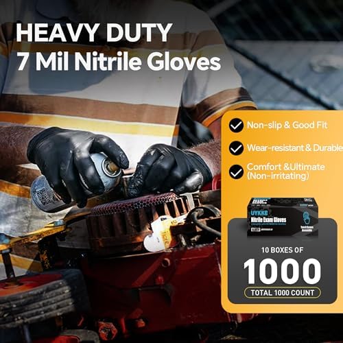 UYKKE Heavy Duty 7 Mil Nitrile Gloves Black