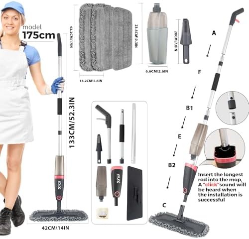 BUUROOHM Microfiber Spray Mop with 4 Pads and Scraper