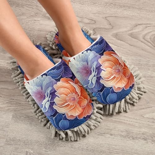Blue Orange Floral Microfiber Cleaning Slippers - Washable Floor Mop