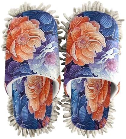 Blue Orange Floral Microfiber Cleaning Slippers - Washable Floor Mop