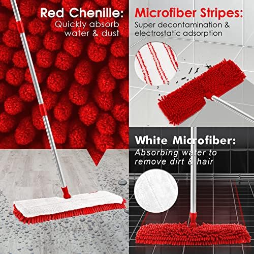 MASTERTOP Microfiber Floor Mop with 4 Pads and Scraper - White Red