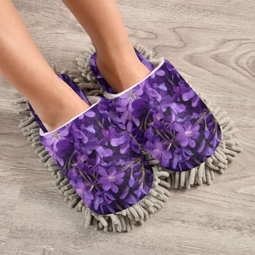 Bulletgxll Purple Flowers Mop Slippers - Washable and Comfortable