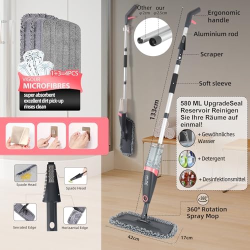 BUUROOHM Microfiber Spray Mop with 4 Pads and Scraper