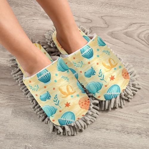 Yellow Seashells Mopping Slippers Washable Floor Mop Replacements for Men Women L Size