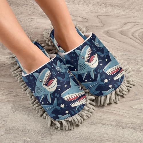 Bulletgxll Blue Shark Mopping Slippers - Washable Microfiber