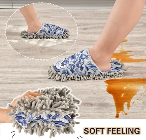Blue and White Tile Mopping Slippers - Washable and Comfortable