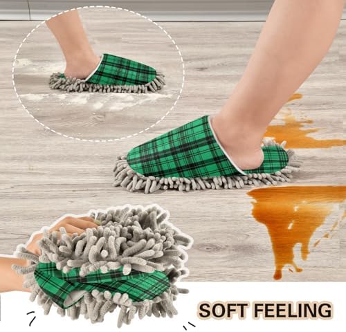 Green and Black Plaid Microfiber Cleaning Slippers