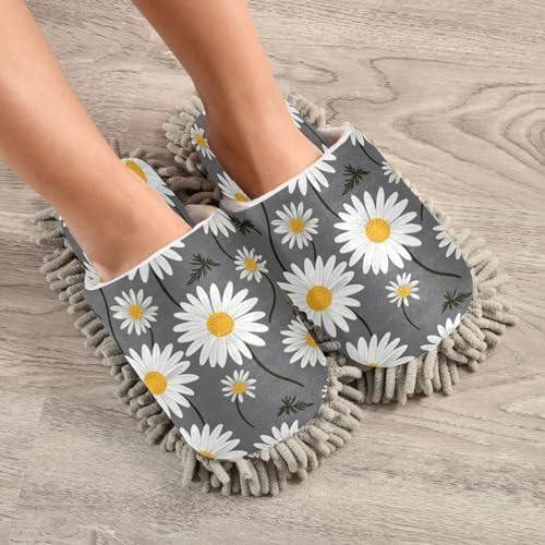 Bulletgxll White Daisy Microfiber Cleaning Slippers - L