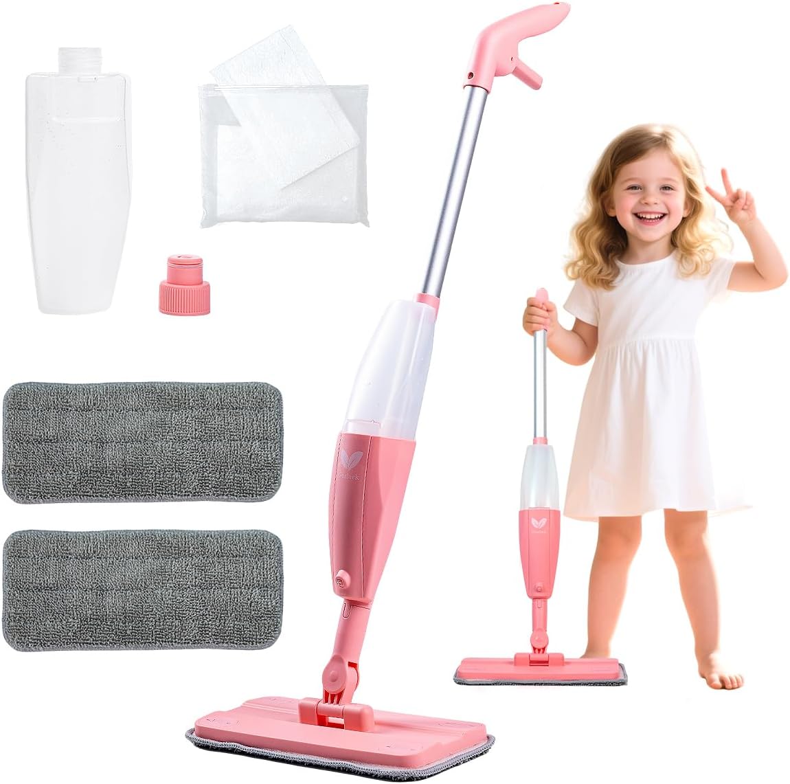 Kids Spray Mop Pink Mini Mop Set with 2 Washable Pads and 10 Disposable Cloths